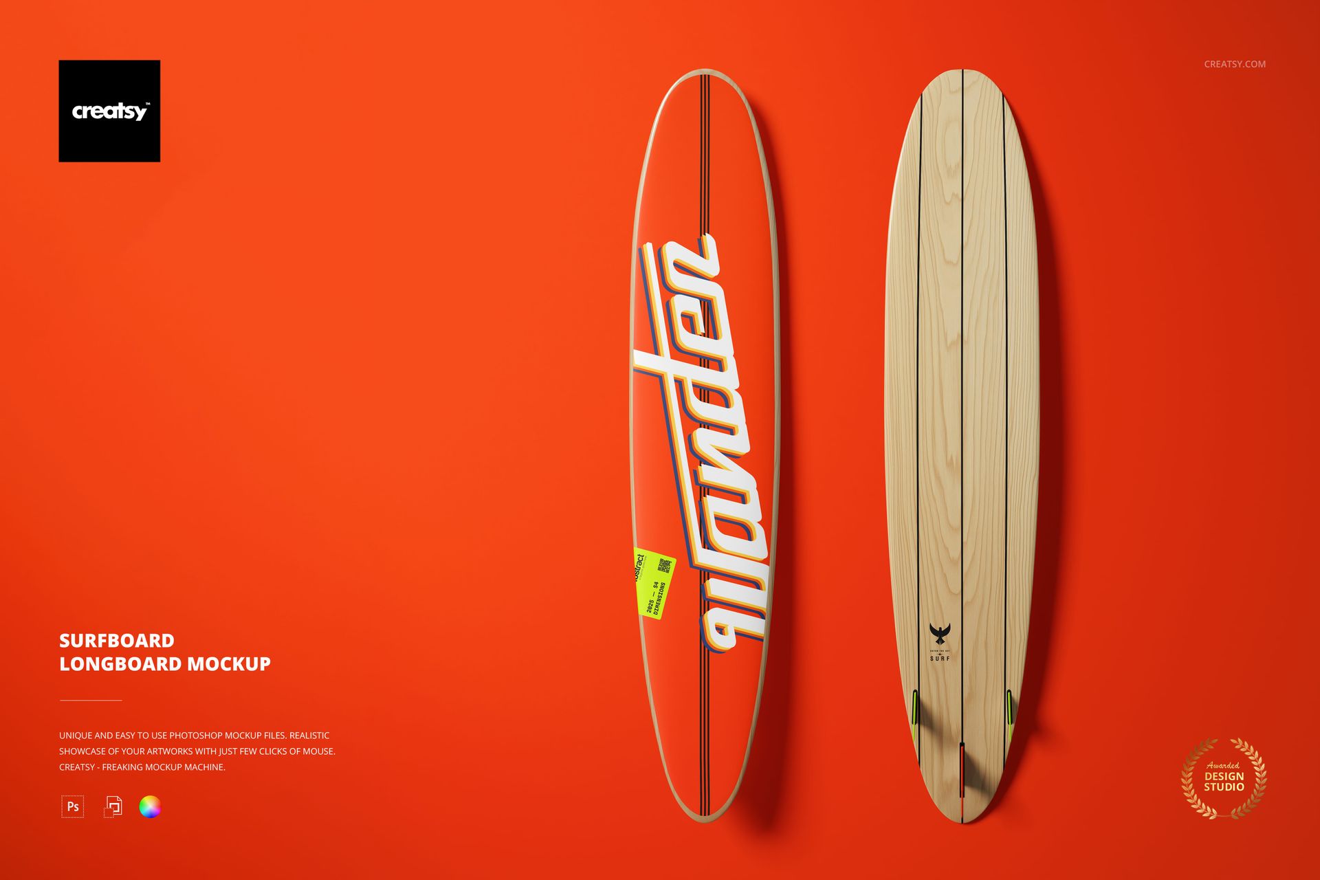 Surfboard longboard mockup showing two boards side by side, featuring wood texture and stylized lettering on orange.