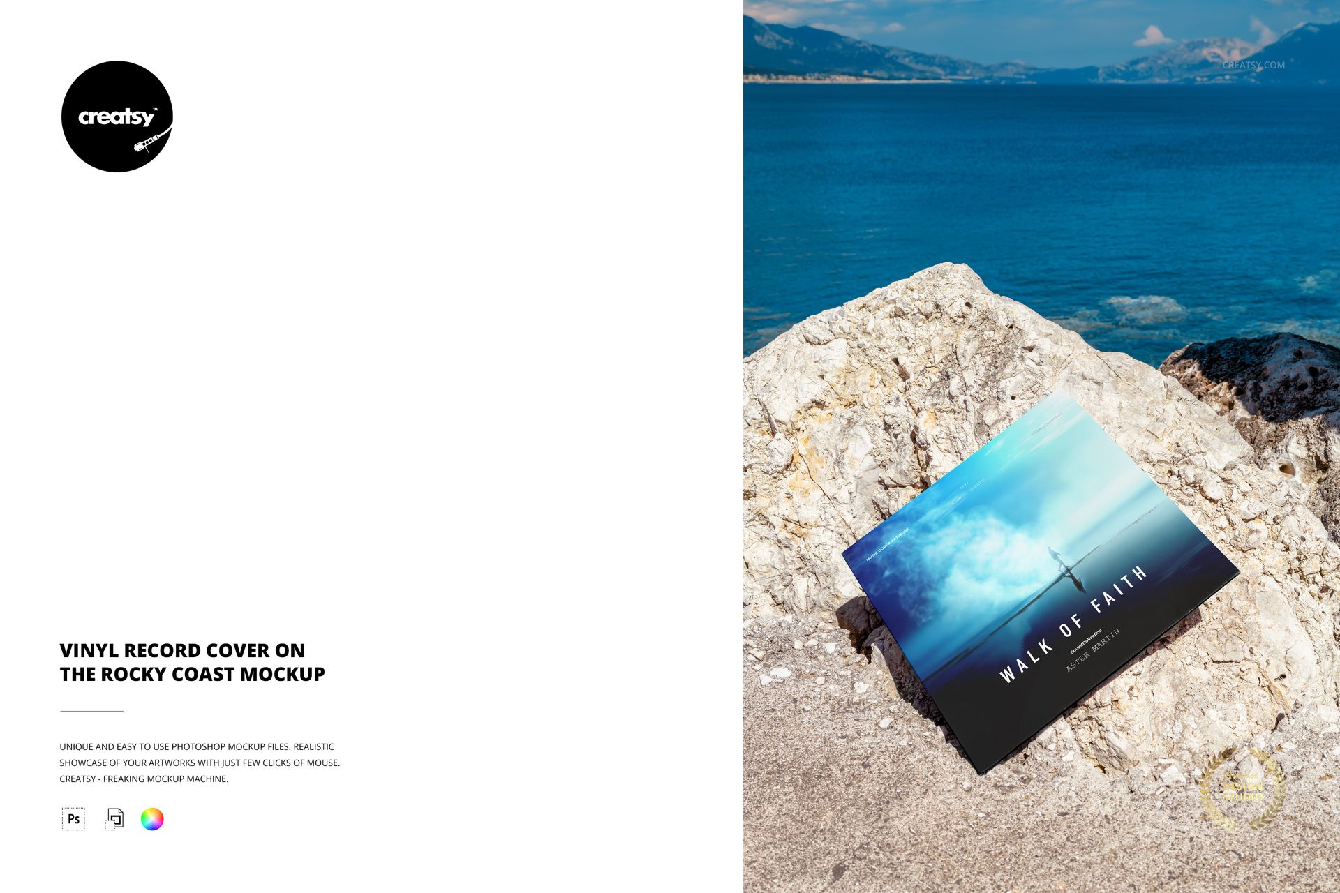 Vinyl record cover mockup displayed on a rocky coastline, featuring blue ocean water and distant mountains.