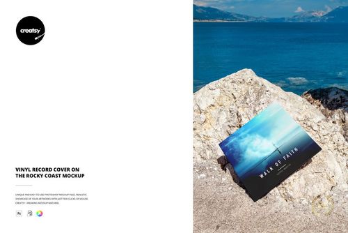 Vinyl record cover mockup displayed on a rocky coastline, featuring blue ocean water and distant mountains.