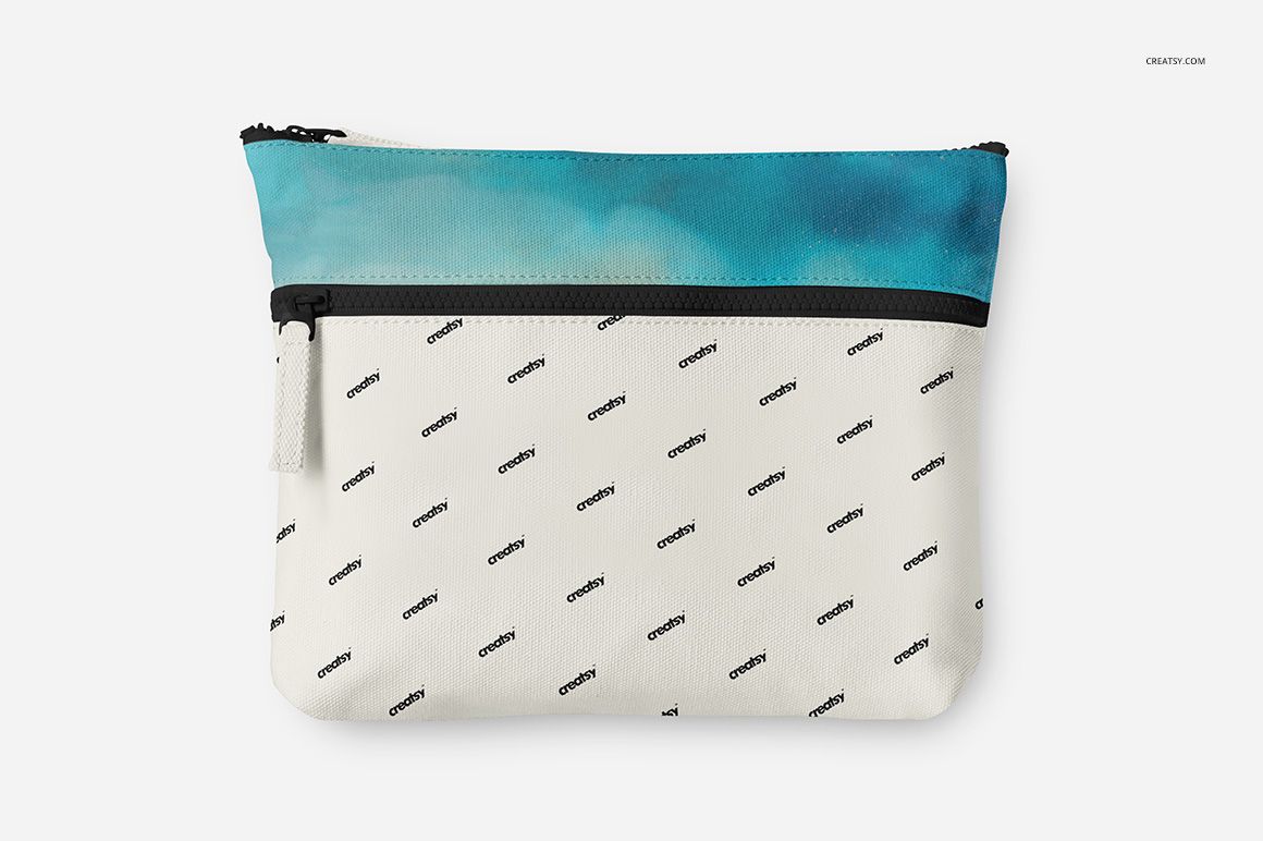 Bikini bag mockup showing a zippered pouch with a blue upper panel and white base covered in small text logos.