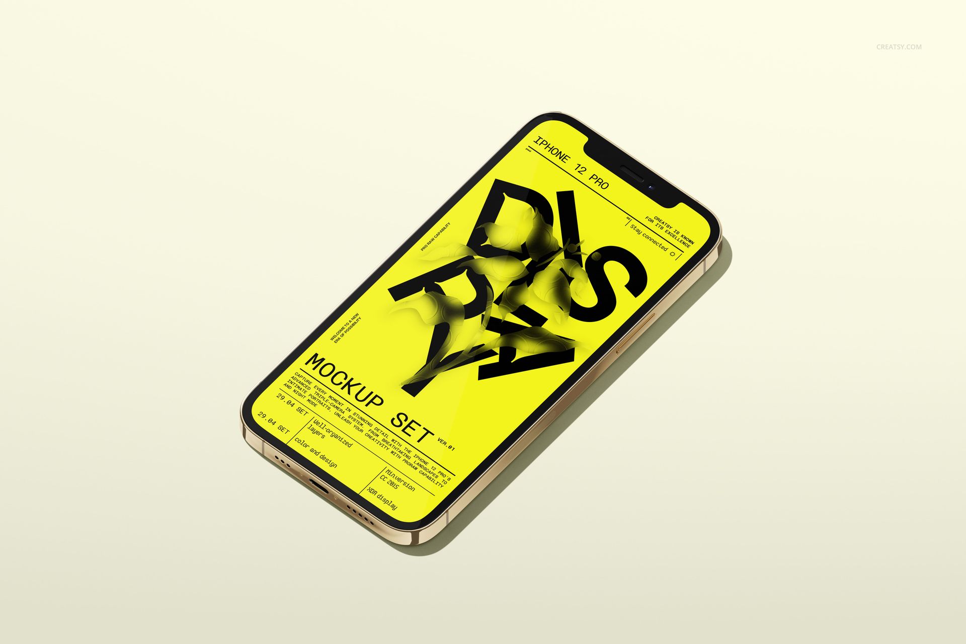 iPhone 12 Pro mockup displayed at an angle on a light surface, featuring a yellow screen with bold black text.
