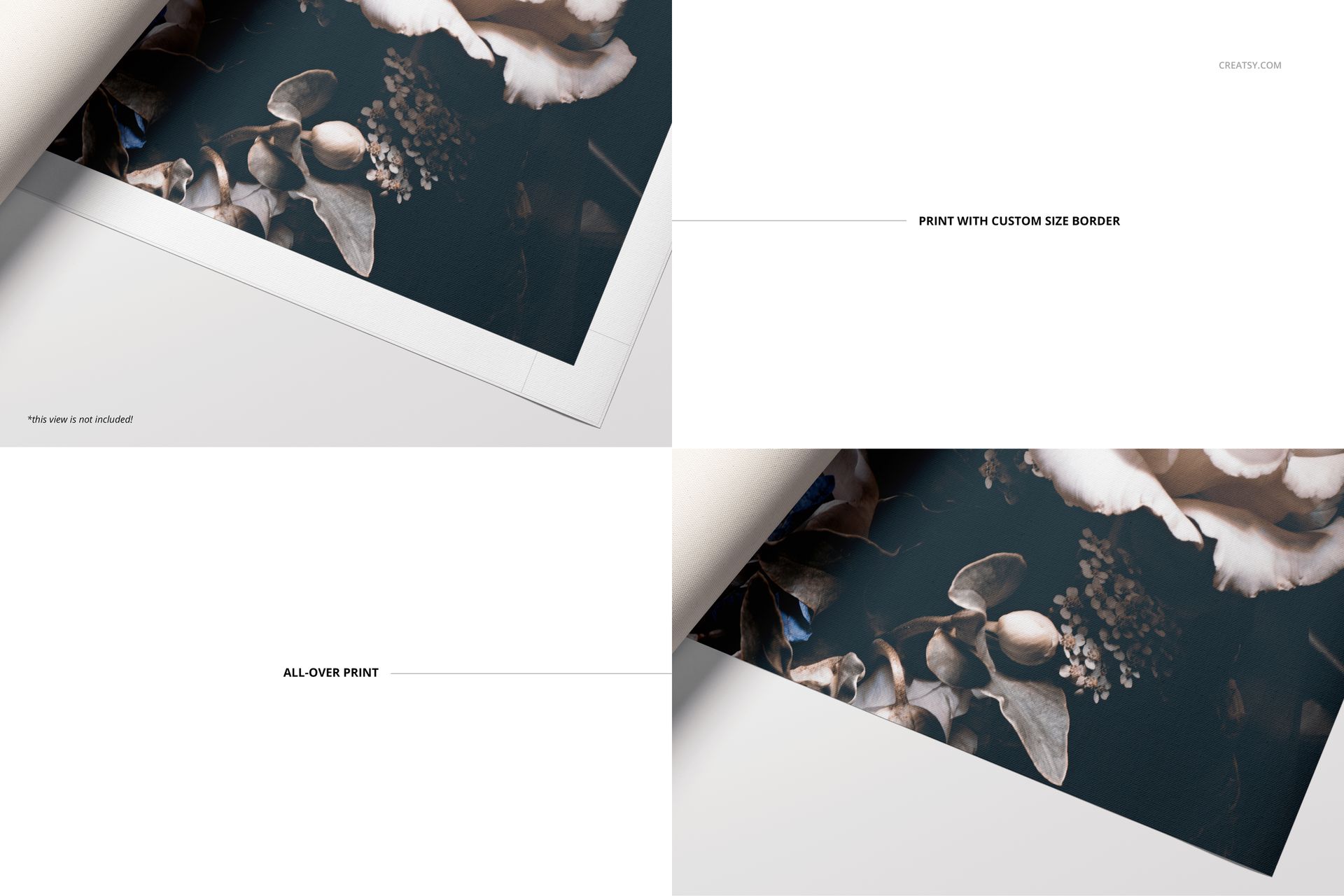 Rolled canvas print mockup showing a rectangular canvas with floral design beside a white paper tube, top perspective.