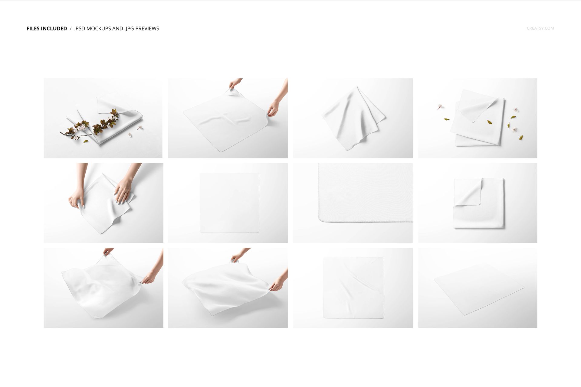 Square silk scarf mockup set featuring various white scarves in different positions, shown on a clean background.