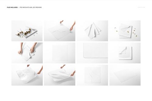 Square silk scarf mockup set featuring various white scarves in different positions, shown on a clean background.