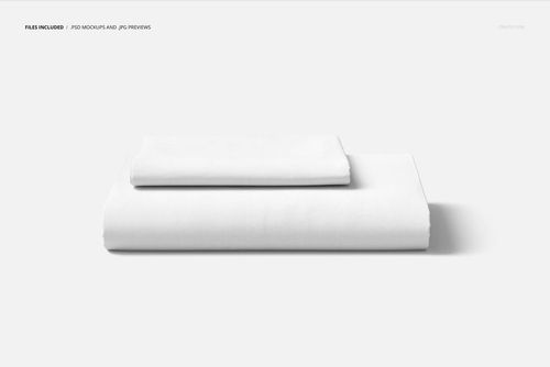 Front view of a folded white bed sheet and matching pillow cover mockup set against a clean, neutral backdrop.