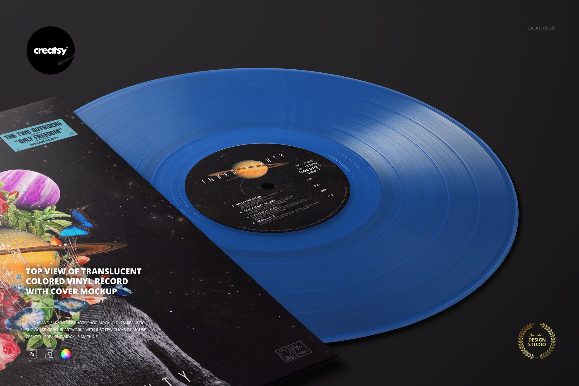 Translucent blue vinyl record with visible grooves shown beside a vibrant cover, presented in an angled PSD mockup.