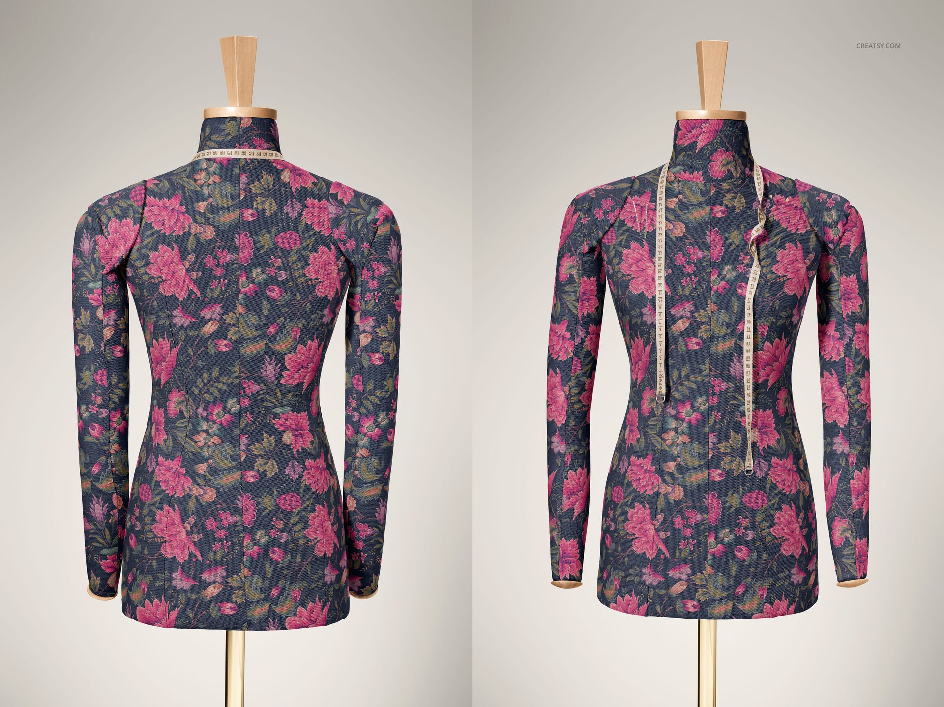 Dressmaker’s mannequin mockup with long sleeves, featuring a dark floral pattern in pink and purple, shown from back and front.