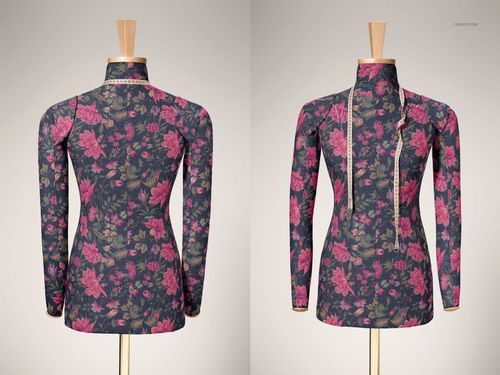 Dressmaker’s mannequin mockup with long sleeves, featuring a dark floral pattern in pink and purple, shown from back and front.