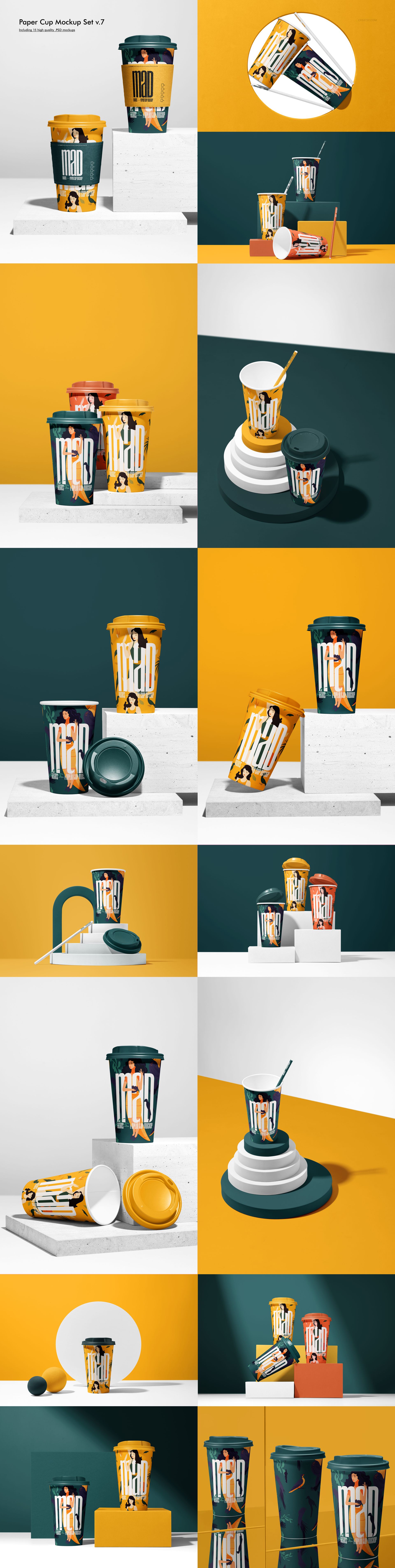 Assorted paper cup mockups in creative layouts, highlighting geometric designs and color contrasts on a minimalist backdrop.