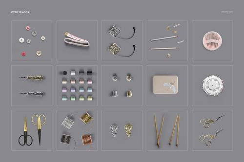 Assorted sewing tools and accessories arranged in a grid on a gray background, including buttons, threads, and needles.