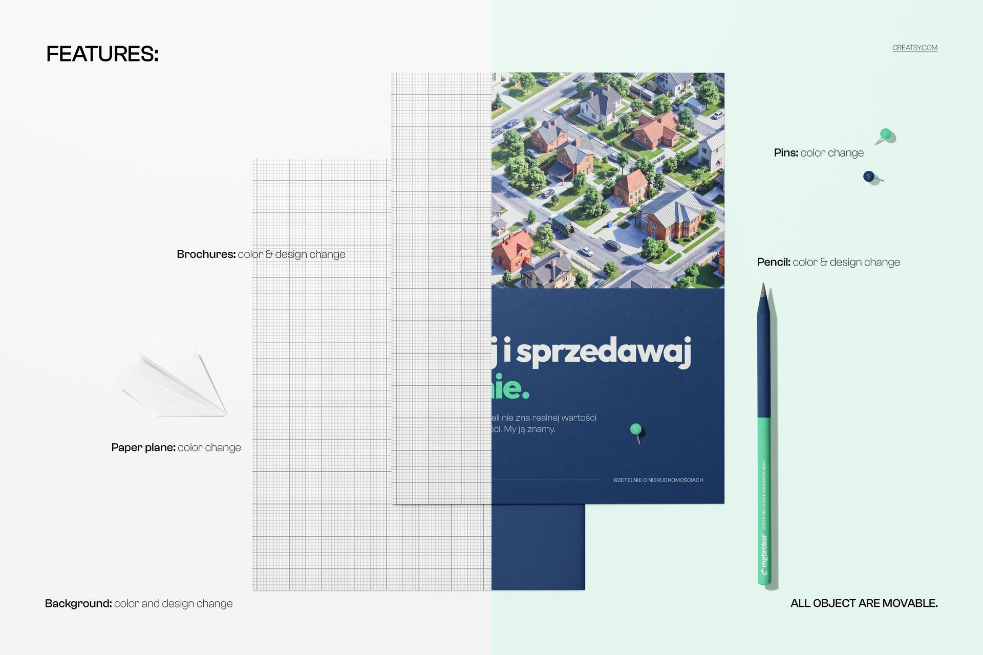 Front view of an 8.5x11 company brochure mockup set with a grid sheet, paper plane, pencil, and brochures on a white and light blue background.