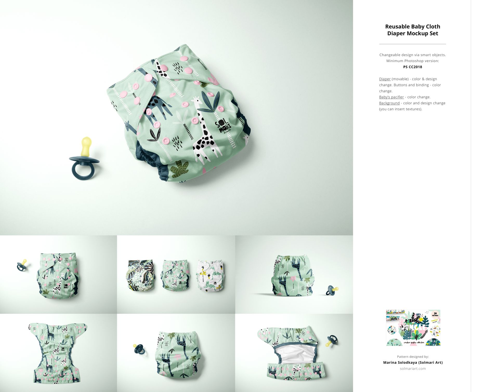 Reusable baby cloth diaper with animal and leaf patterns, shown in a top view mockup alongside a pacifier.