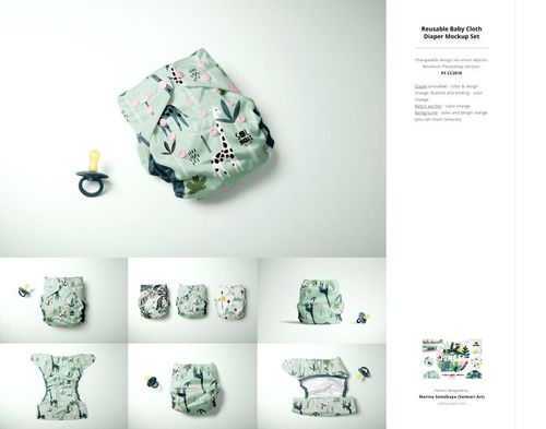 Reusable baby cloth diaper with animal and leaf patterns, shown in a top view mockup alongside a pacifier.