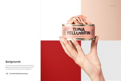 Mockup of a short flat tin can in a person's hand, pink packaging visible, with multi-colored background sections.