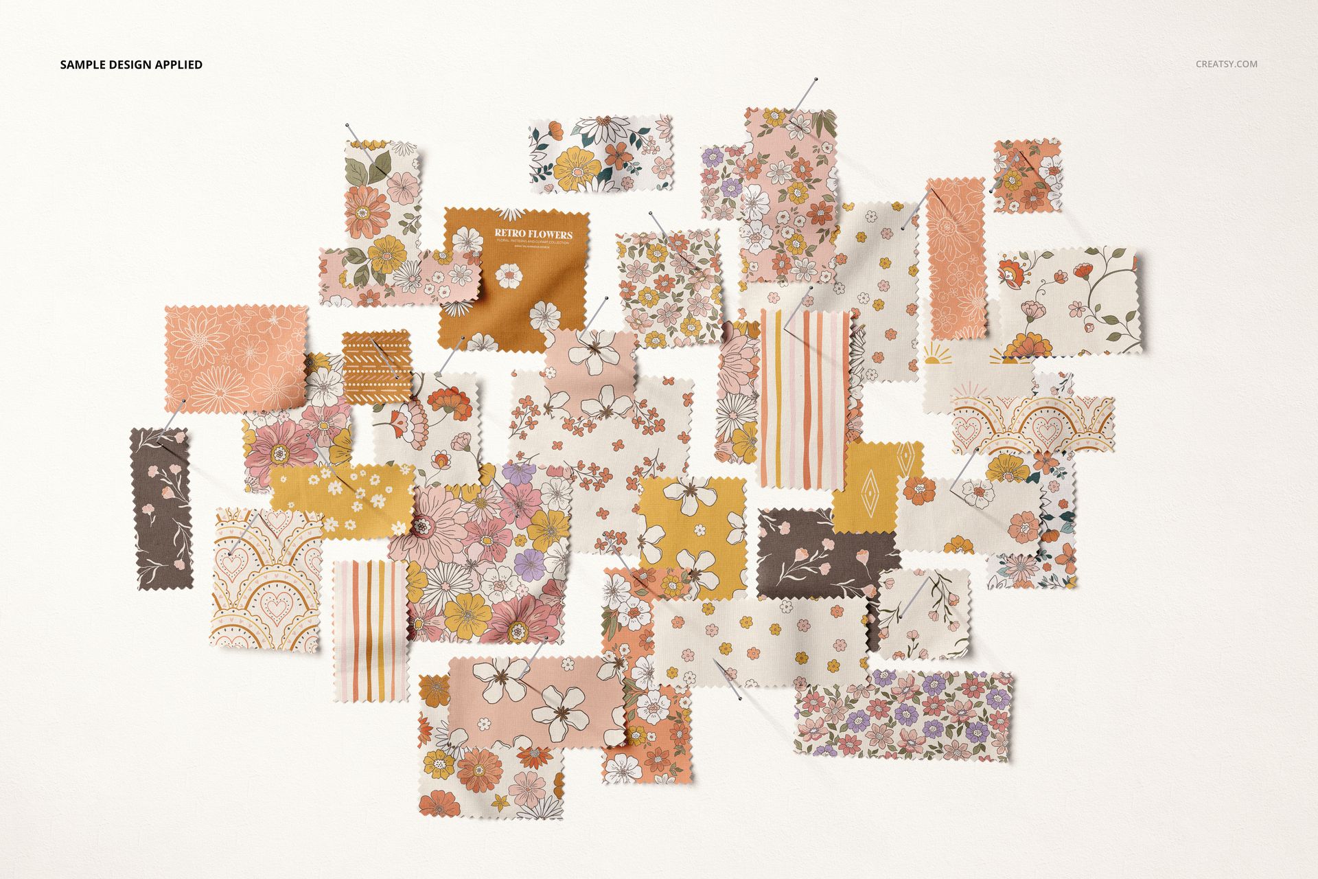 Fabric swatches mockup showing a collection of patterned textile samples in earthy colors, viewed from above on a neutral surface.