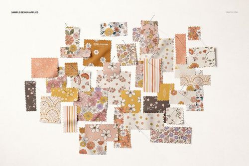 Fabric swatches mockup showing a collection of patterned textile samples in earthy colors, viewed from above on a neutral surface.