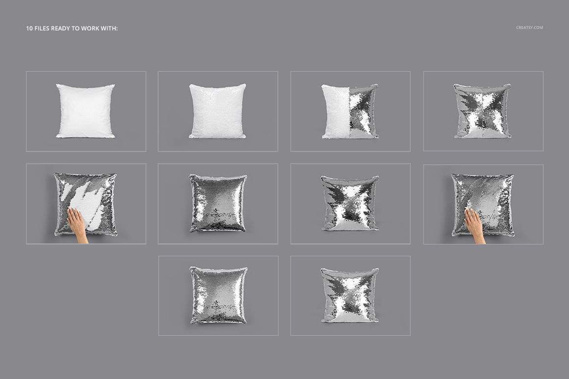Multiple mockup layouts of mermaid sequin pillows, featuring silver and white surfaces and hand touching details.