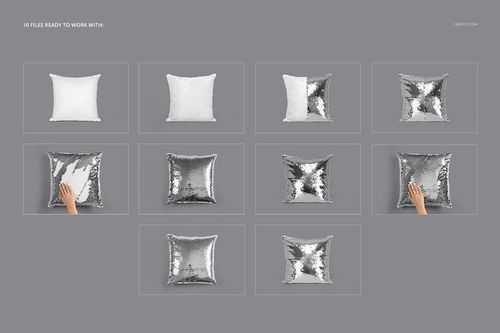Multiple mockup layouts of mermaid sequin pillows, featuring silver and white surfaces and hand touching details.