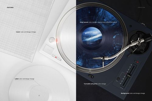 Top view of vinyl records, a DJ turntable, and a square record cover mockup with customizable elements.