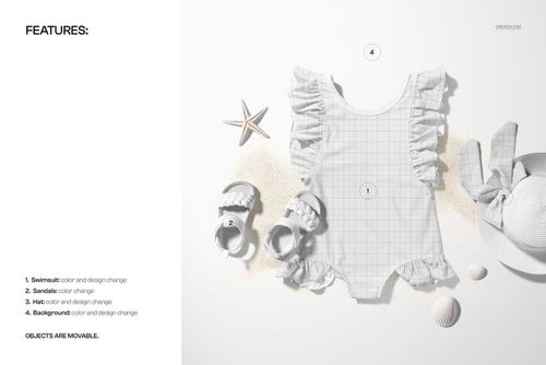 Top view of a baby ruffle swimsuit mockup with grid pattern, matching bow hat, sandals, shells, and sand on a light background.
