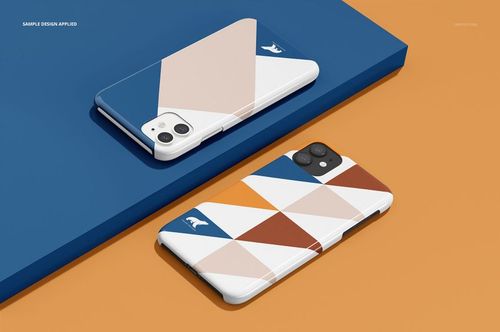 iPhone 11 glossy snap cases with colorful geometric triangle designs displayed on a blue and orange background in a mockup.