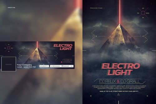 PSD mockup showing three posters featuring a stylized pyramid, illuminated top, abstract shapes, and text layout.