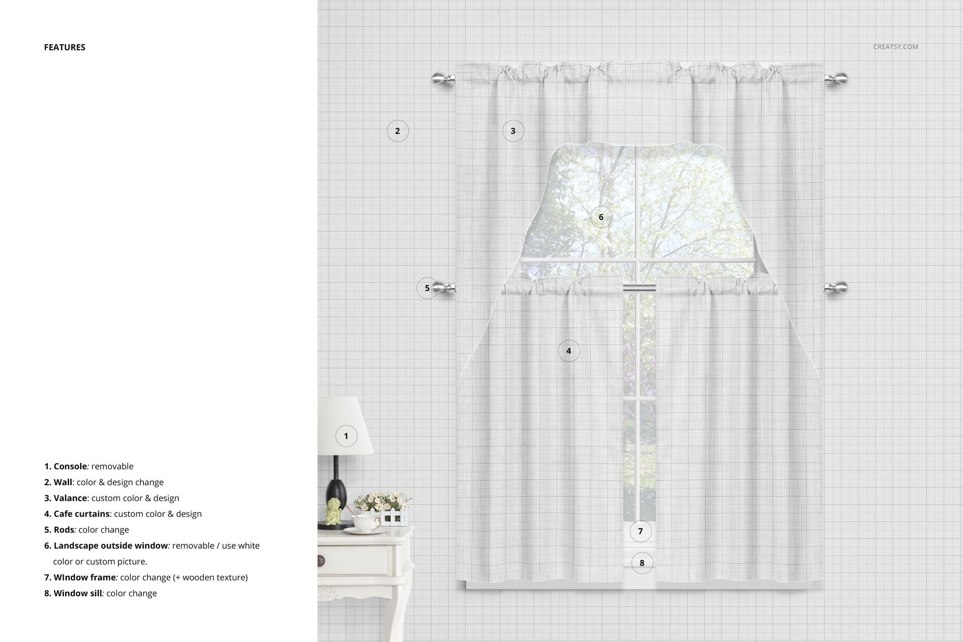 Front view of white cafe curtains and valance mockup hanging on a window with a subtle grid background.