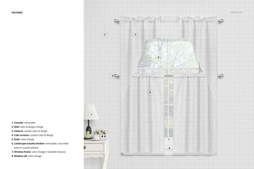 Front view of white cafe curtains and valance mockup hanging on a window with a subtle grid background.