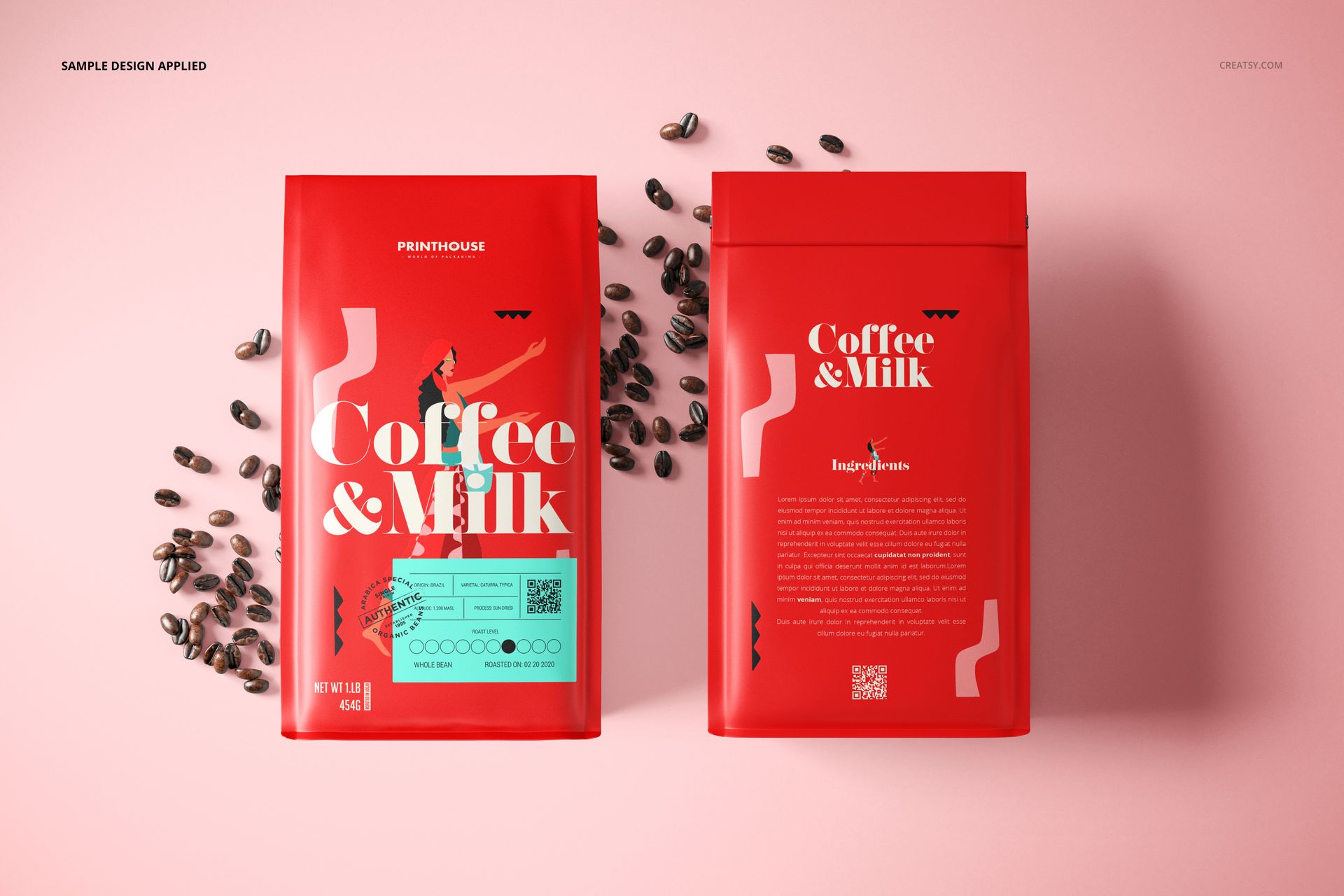 Side gusset bag mockup featuring two red packaging bags with coffee bean props on a pink background, front and back view.
