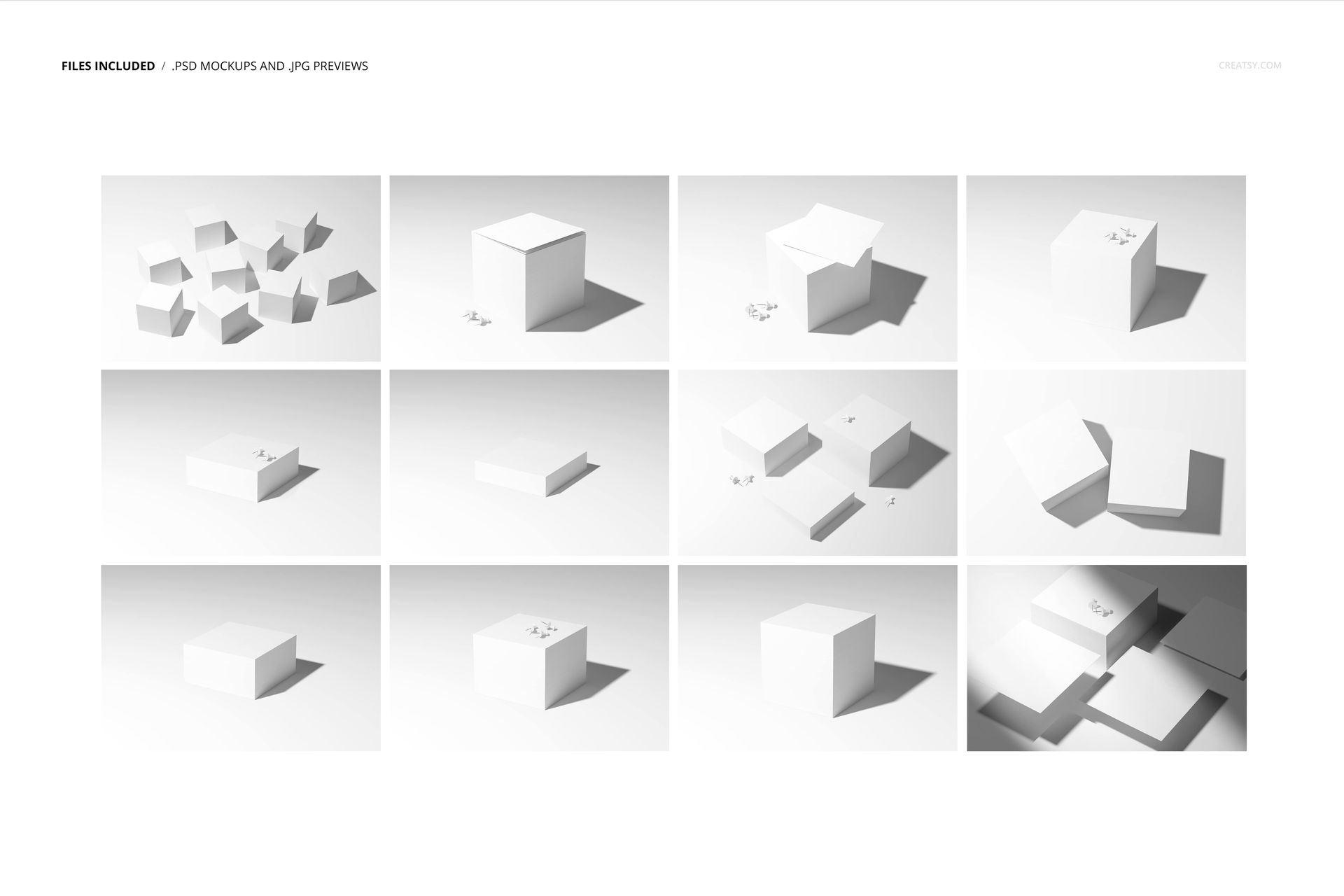 Stationery note cubes in various arrangements and perspectives on a light background, shown as a PSD mockup set.