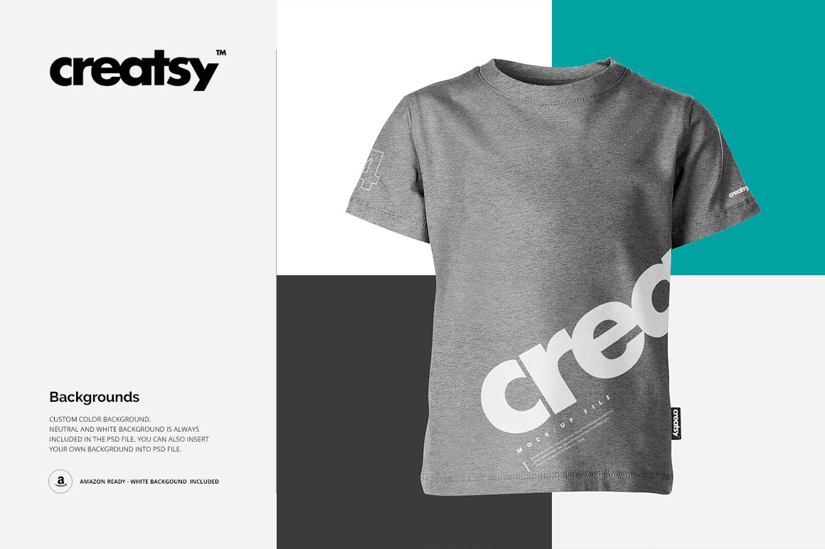 Gray kids t-shirt mockup displayed from the front on a geometric background with teal, white, and black sections.