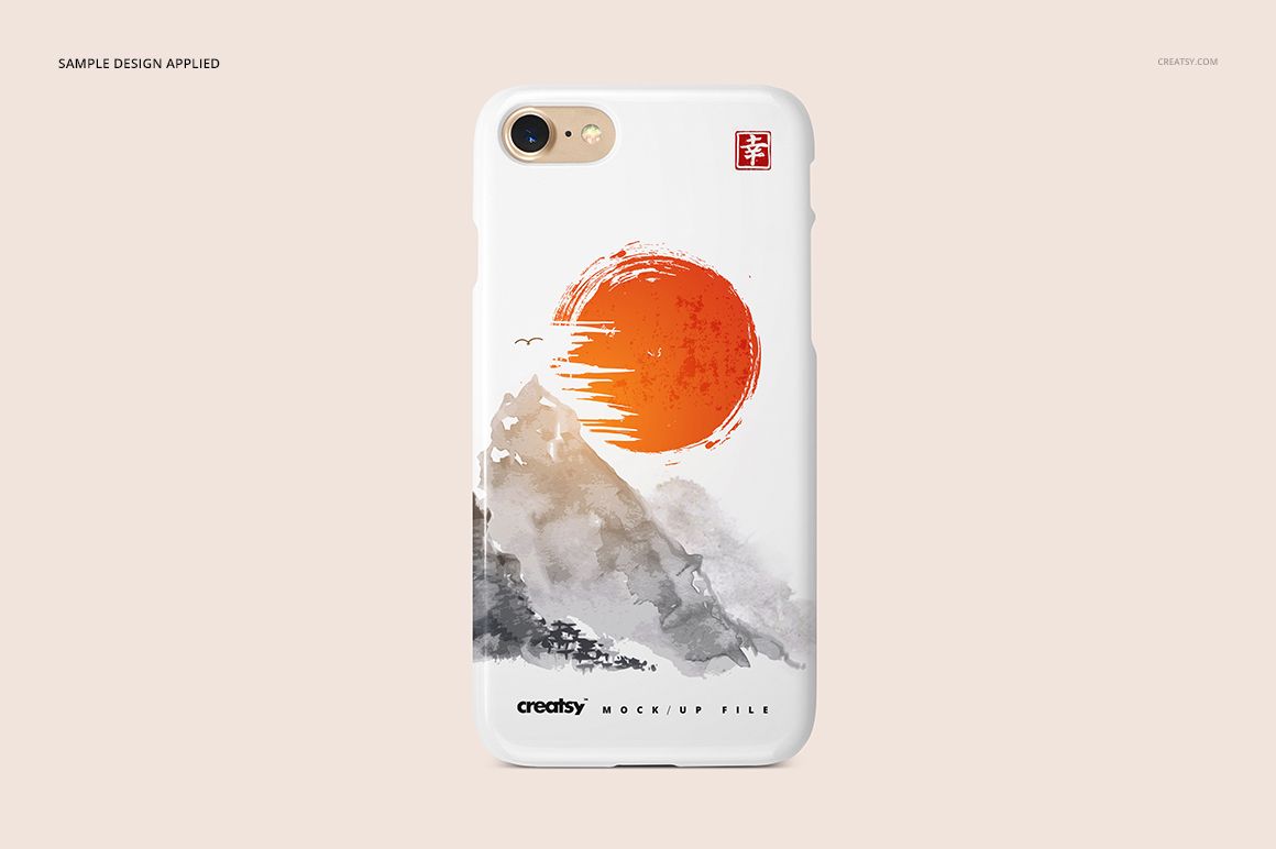 Front view of an iPhone 7 plastic case mockup featuring a minimalist mountain design with an orange sun on a light background.