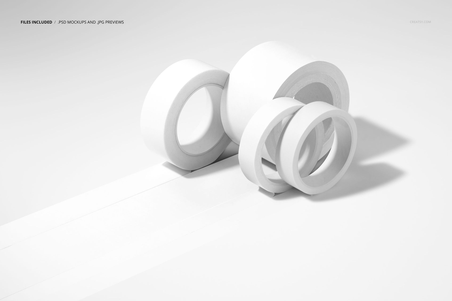 Quadruple packaging tape PSD mockup showing four white tape rolls in various positions on a plain background.
