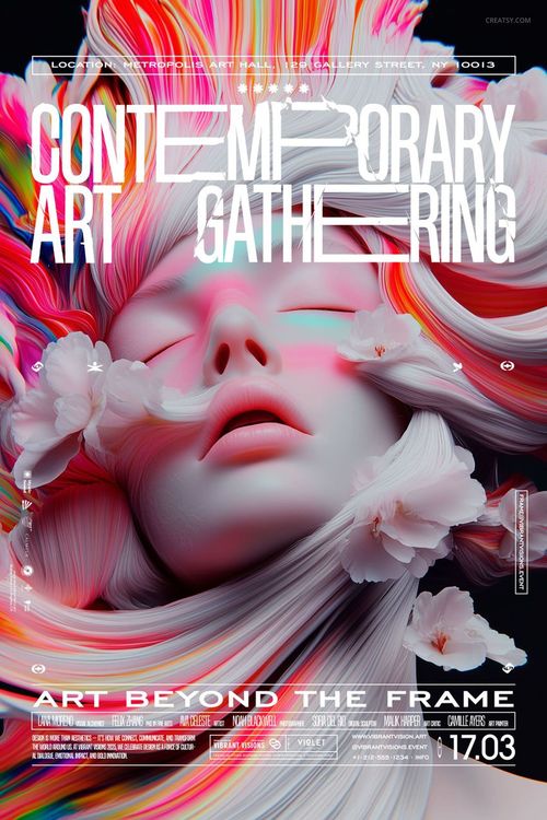 Front view of a contemporary art poster mockup with swirling floral patterns and layered white typography.