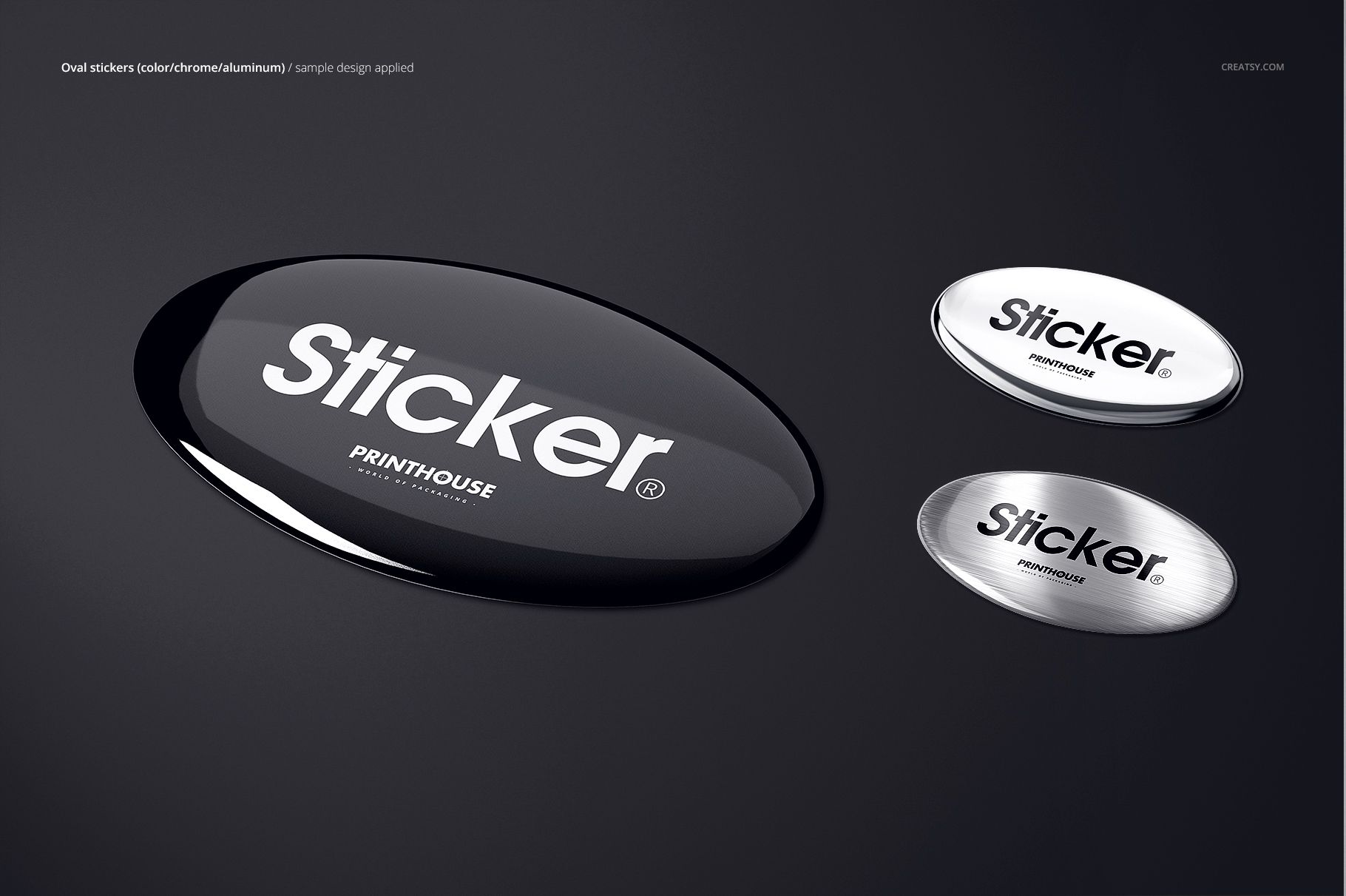 Mockup of oval epoxy dome stickers in black and chrome, presented on a sleek dark surface with angled lighting.