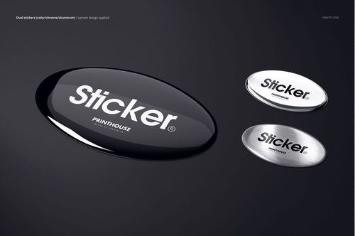 Mockup of oval epoxy dome stickers in black and chrome, presented on a sleek dark surface with angled lighting.