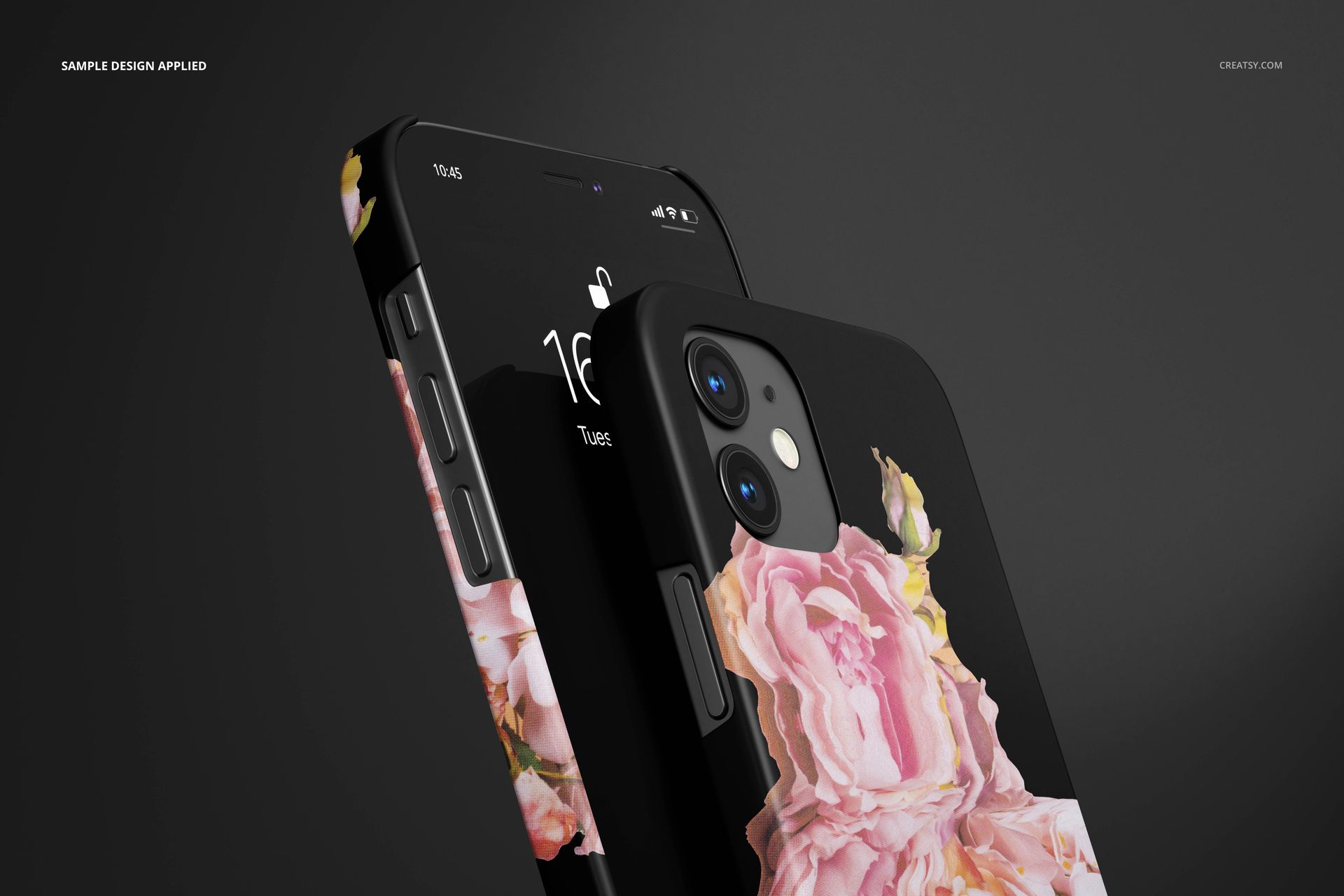 iPhone 12 matte snap case mockup featuring a black case with pink floral design, shown from an angled front view.