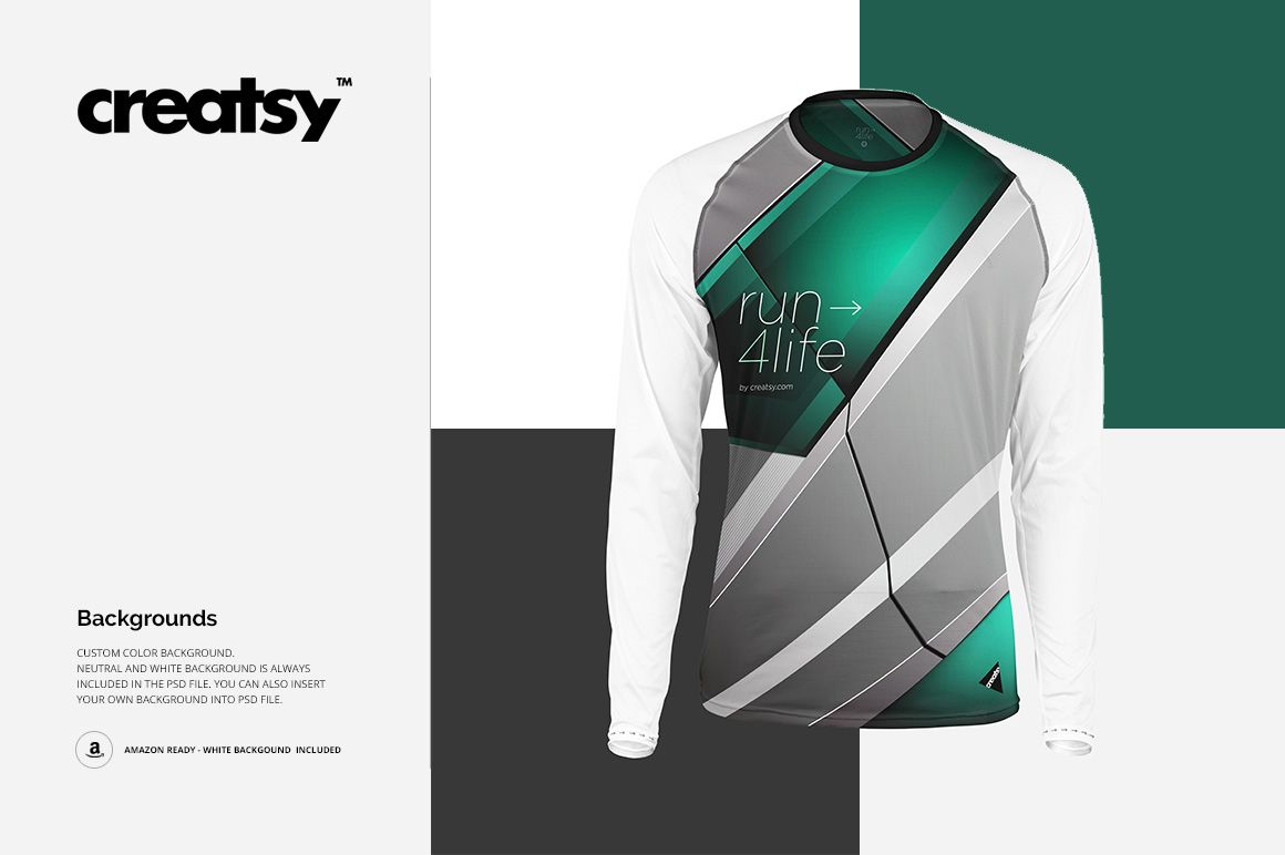 Front view of a long sleeve performance shirt mockup with geometric green and gray design on the torso and white sleeves.