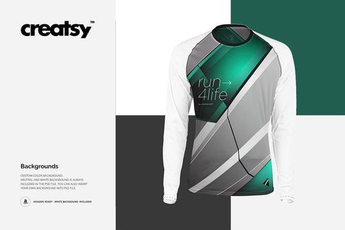 Front view of a long sleeve performance shirt mockup with geometric green and gray design on the torso and white sleeves.