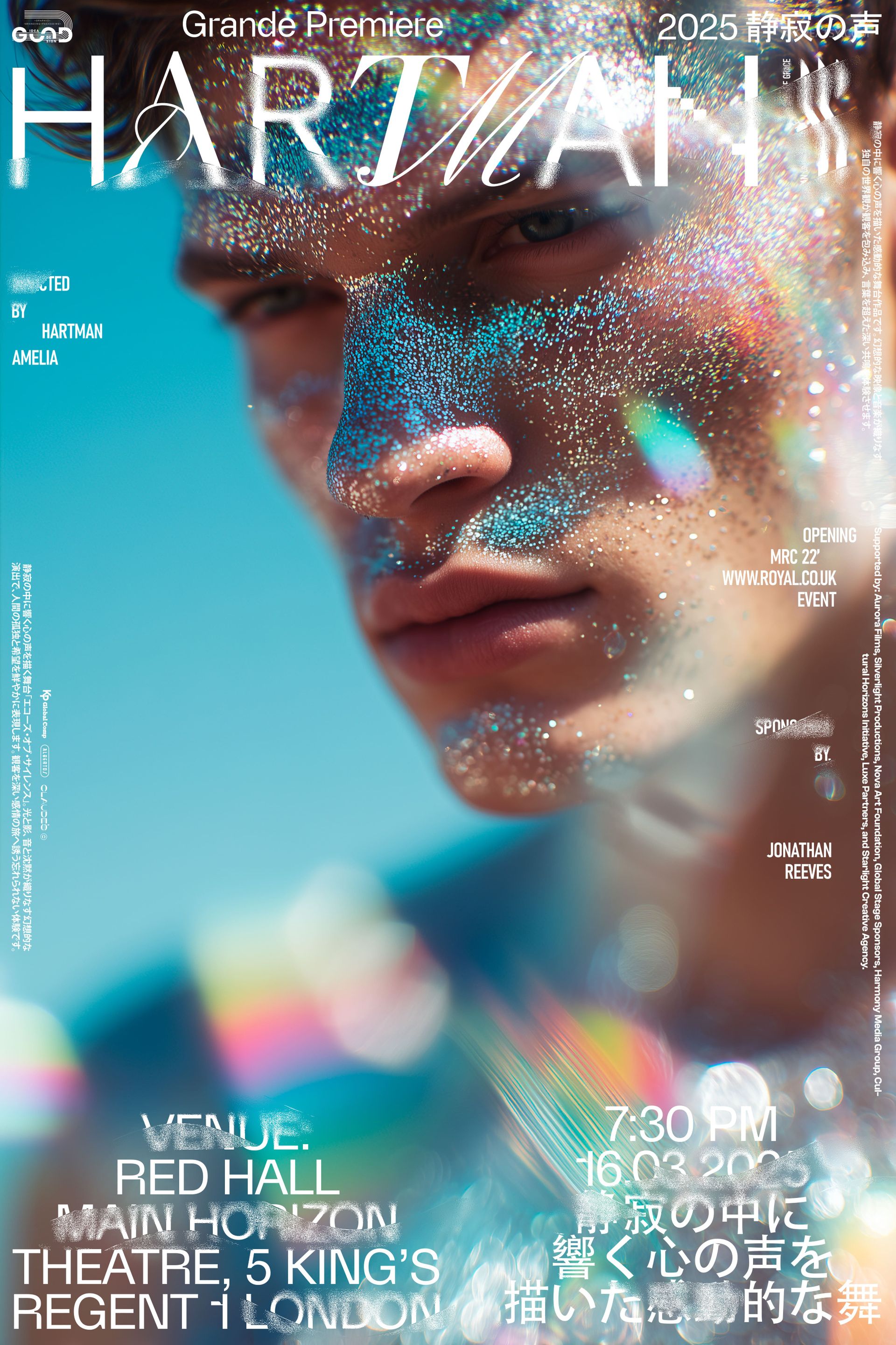 Front view of a poster mockup featuring vibrant abstract colors, large bold text, and venue information at the bottom.