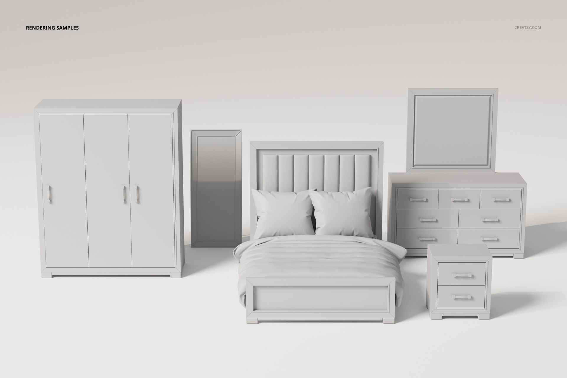 Bedroom furniture set including a bed with pillows, wardrobe, mirror, dresser, and nightstand in a neutral color.