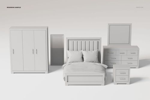 Bedroom furniture set including a bed with pillows, wardrobe, mirror, dresser, and nightstand in a neutral color.