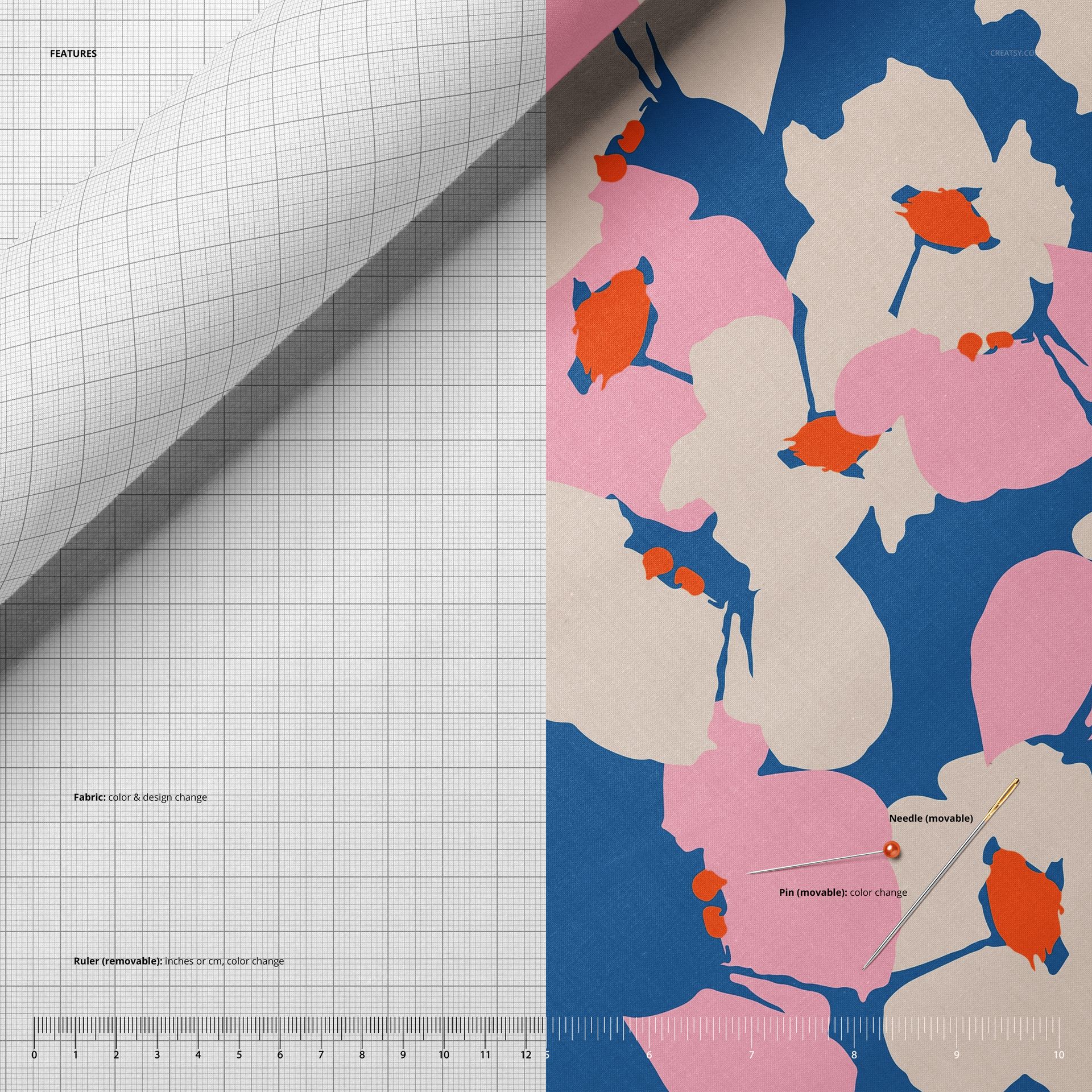 Close-up view of cotton fabric mockup showing a colorful floral pattern on the right and grid texture on the left.