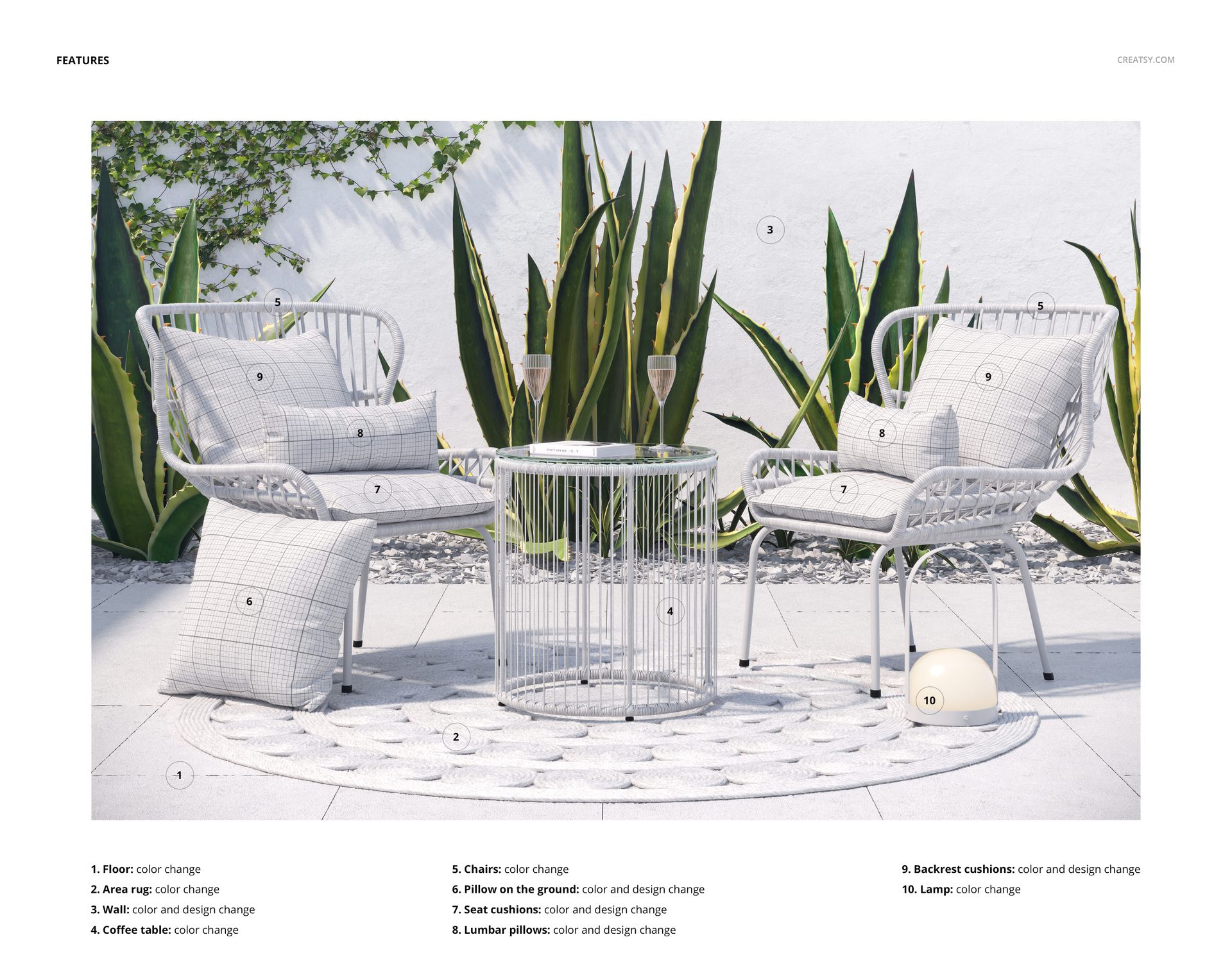 Outdoor furniture set mockup featuring two cushioned chairs, a coffee table, and decorative pillows on a patio.