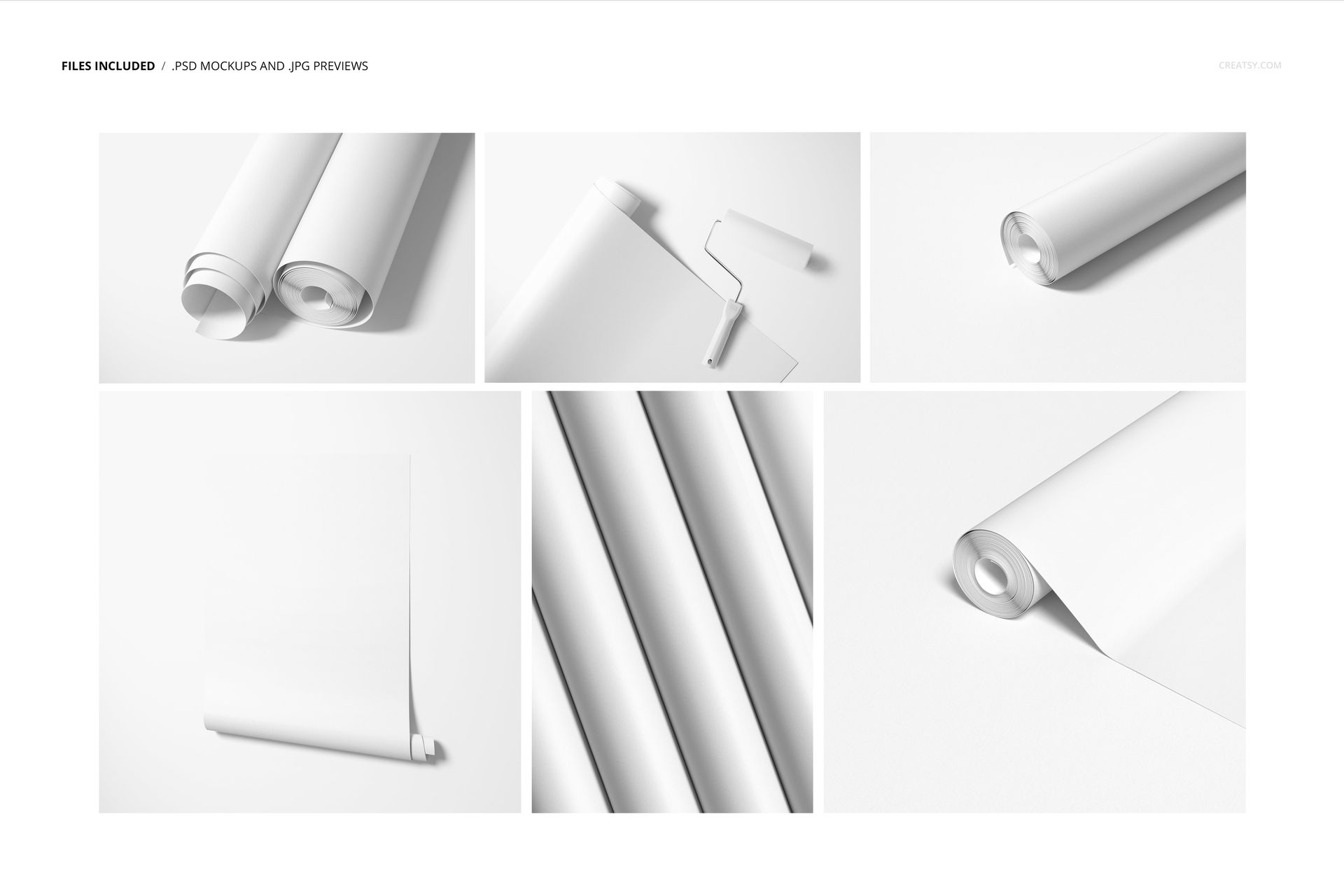 Paper wallpaper mockup set featuring rolled and unrolled sheets in white, shown from various angles on a plain background.