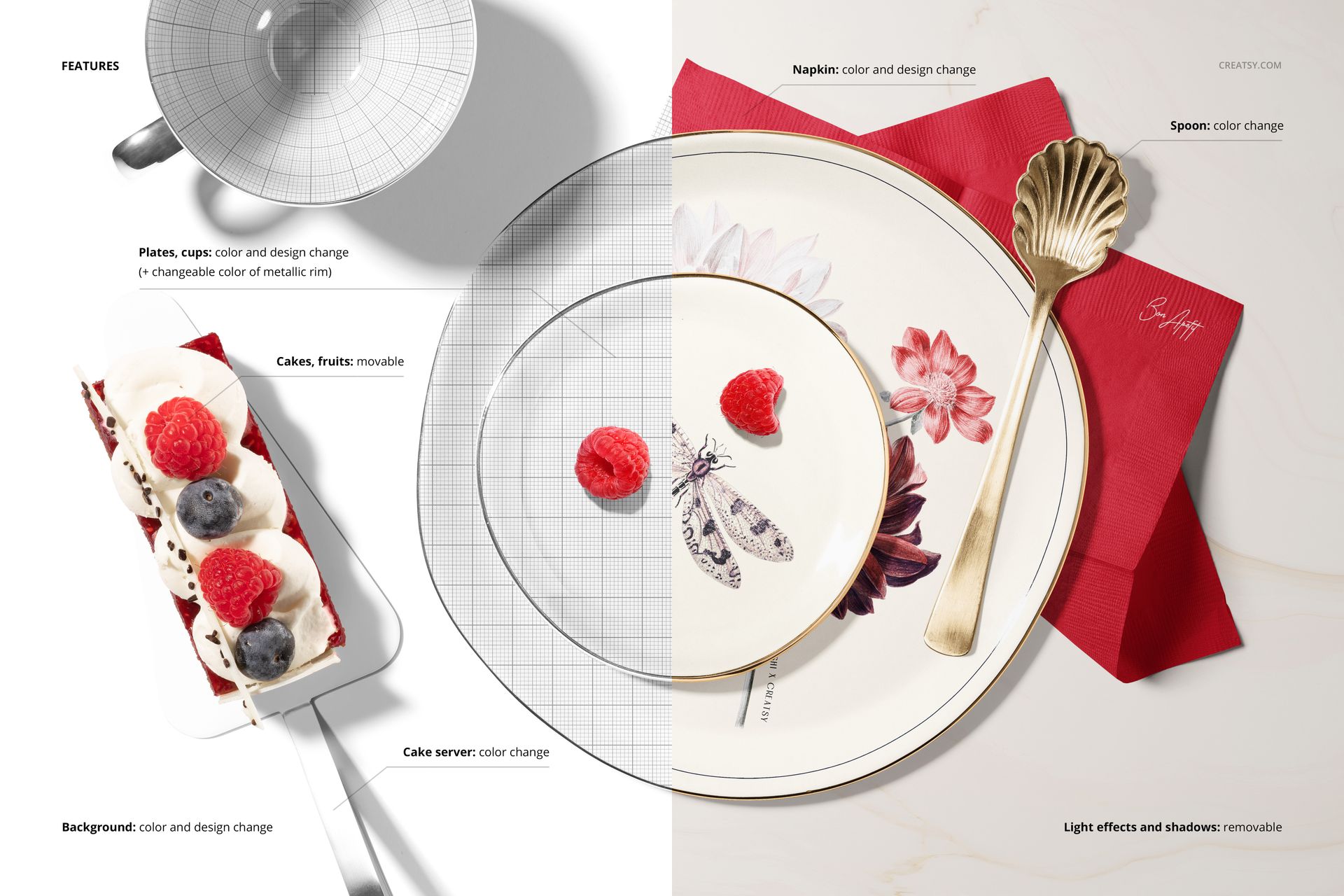 Top view of a plate mockup set with floral patterns, gold spoon, red napkin, and dessert on a white background.