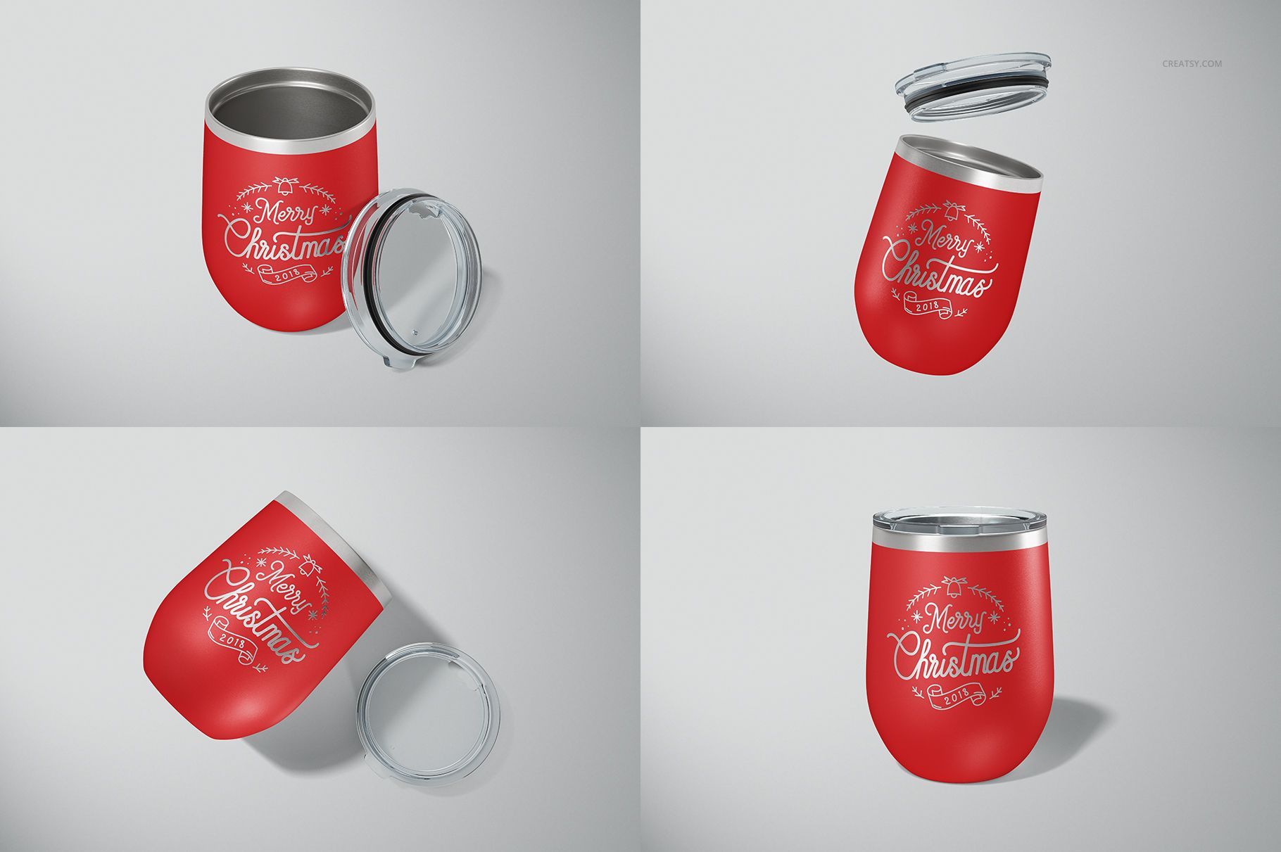 Four views of a red stemless wine cup with a silver rim and lid, featuring a white festive design on a plain background.