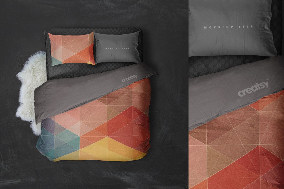 Double bed bedding mockup featuring geometric patterned duvet and pillows in warm colors, top view on dark floor.