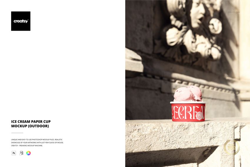 Red and white ice cream paper cup mockup outdoors on a stone surface, filled with pink ice cream, front view.