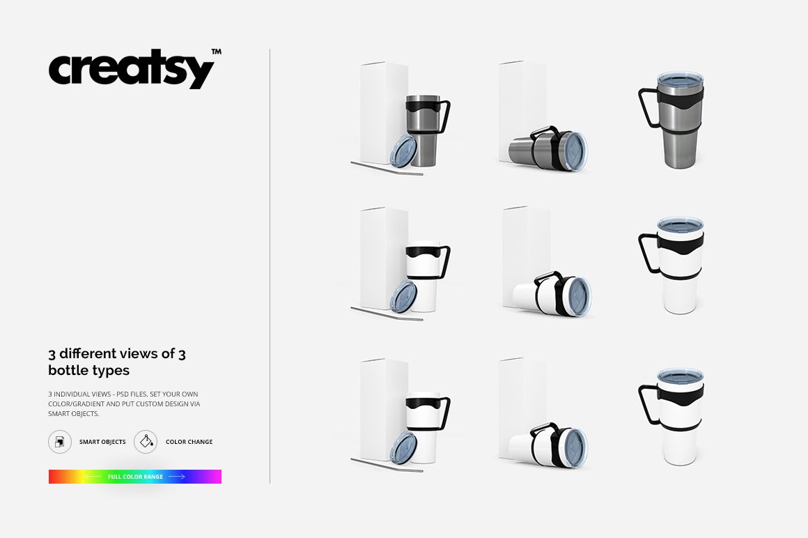 Stainless steel tumbler mockup set showing nine different views of matte, glossy, and steel bottles on a white background.